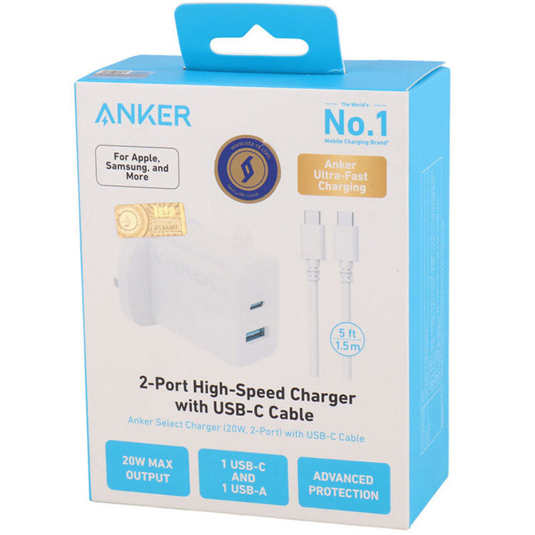 شارژر دیواری ANKER مدل B2348K21 با توان PD 20W و تکنولوژی IQ3 به همراه کابل شارژ Type-C To Type-C